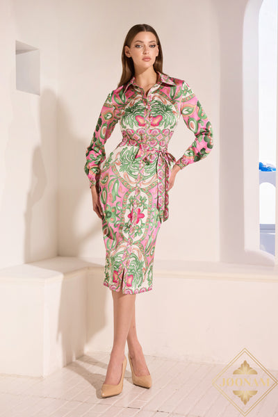 Pink Collared Neck Full Sleeves Straight Dress - 251S4661
