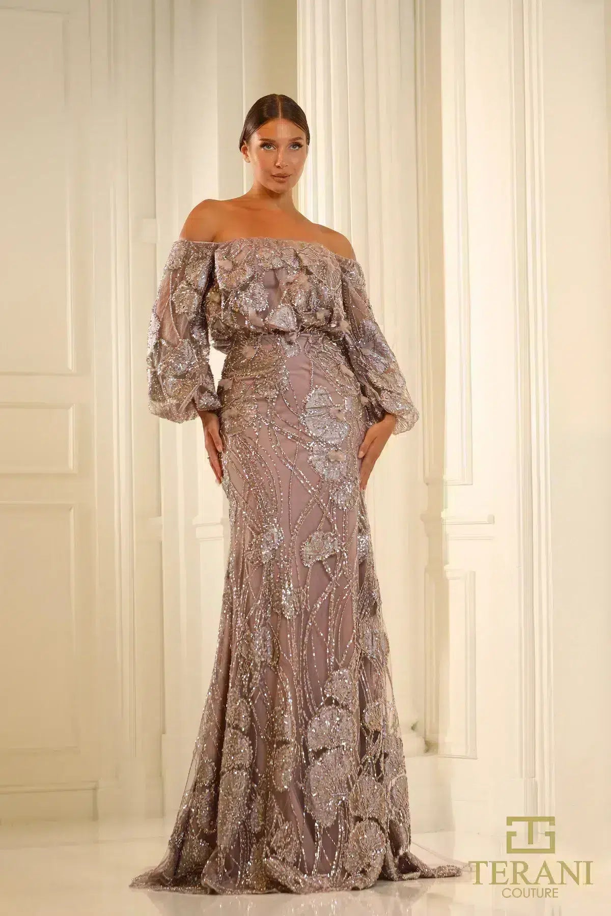 251M4414 Off-The-Shoulder Puff Sleeves Sheath Dress