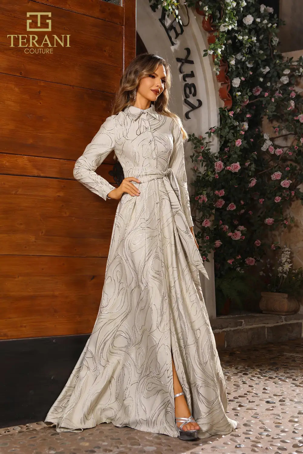 251M4458 A-line Full Sleeves Jacquard Long Dress