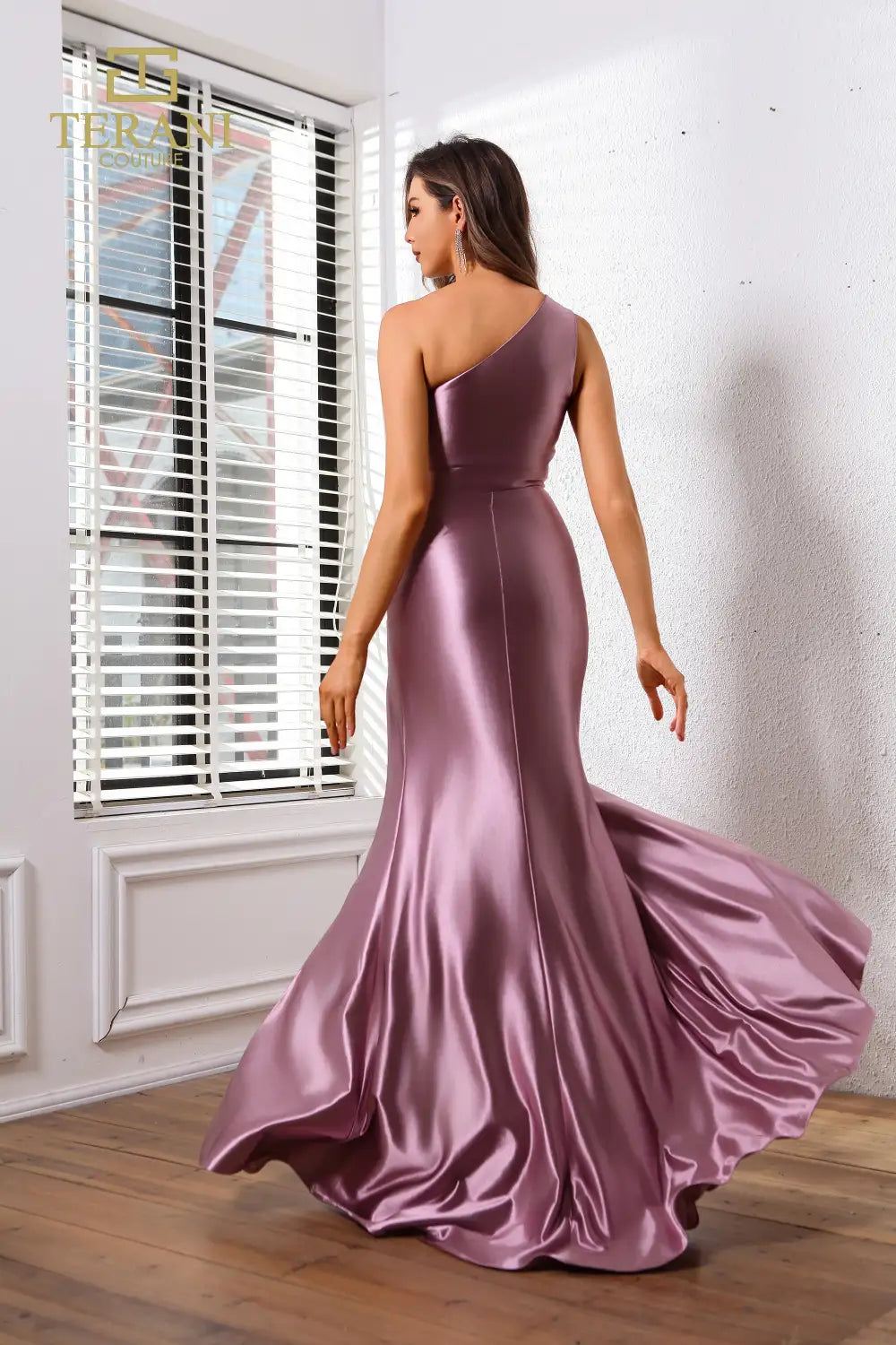 251P4261 Asymmetrical Jersey Satin Fit And Flare Long Prom Dress