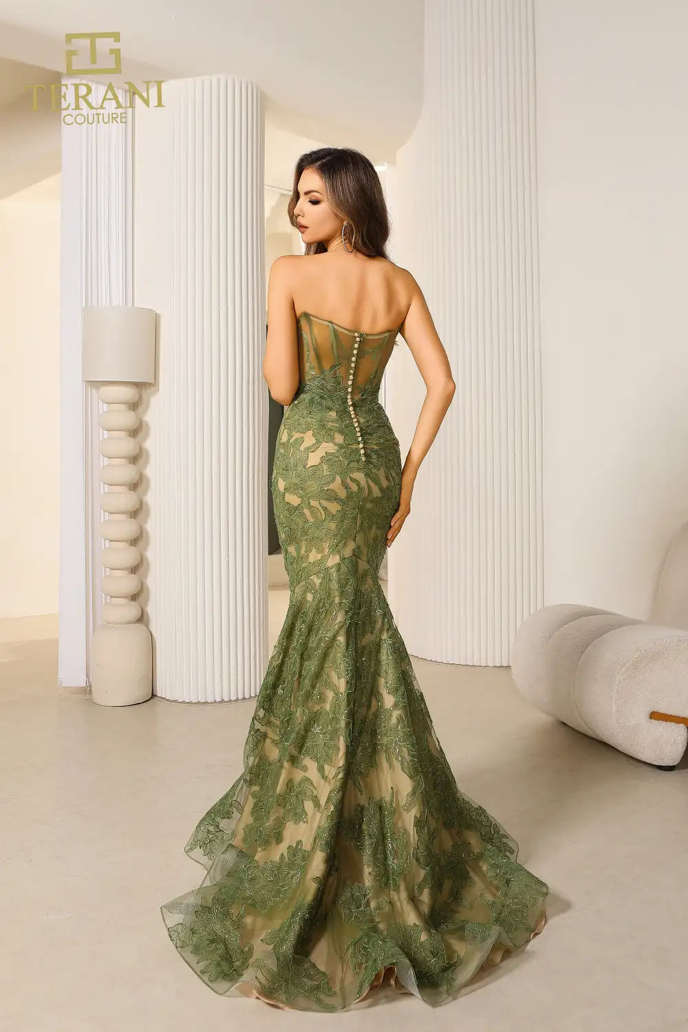 251P4355 Strapless Lace Trumpet Prom Dress