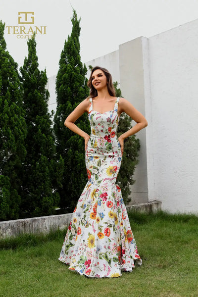 251P4378 Sweetheart Printed Satin Trumpet Prom Dress