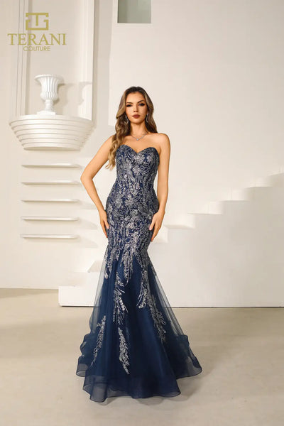 251P4641 Sweetheart Beaded Tulle Strapless Trumpet Prom Dress
