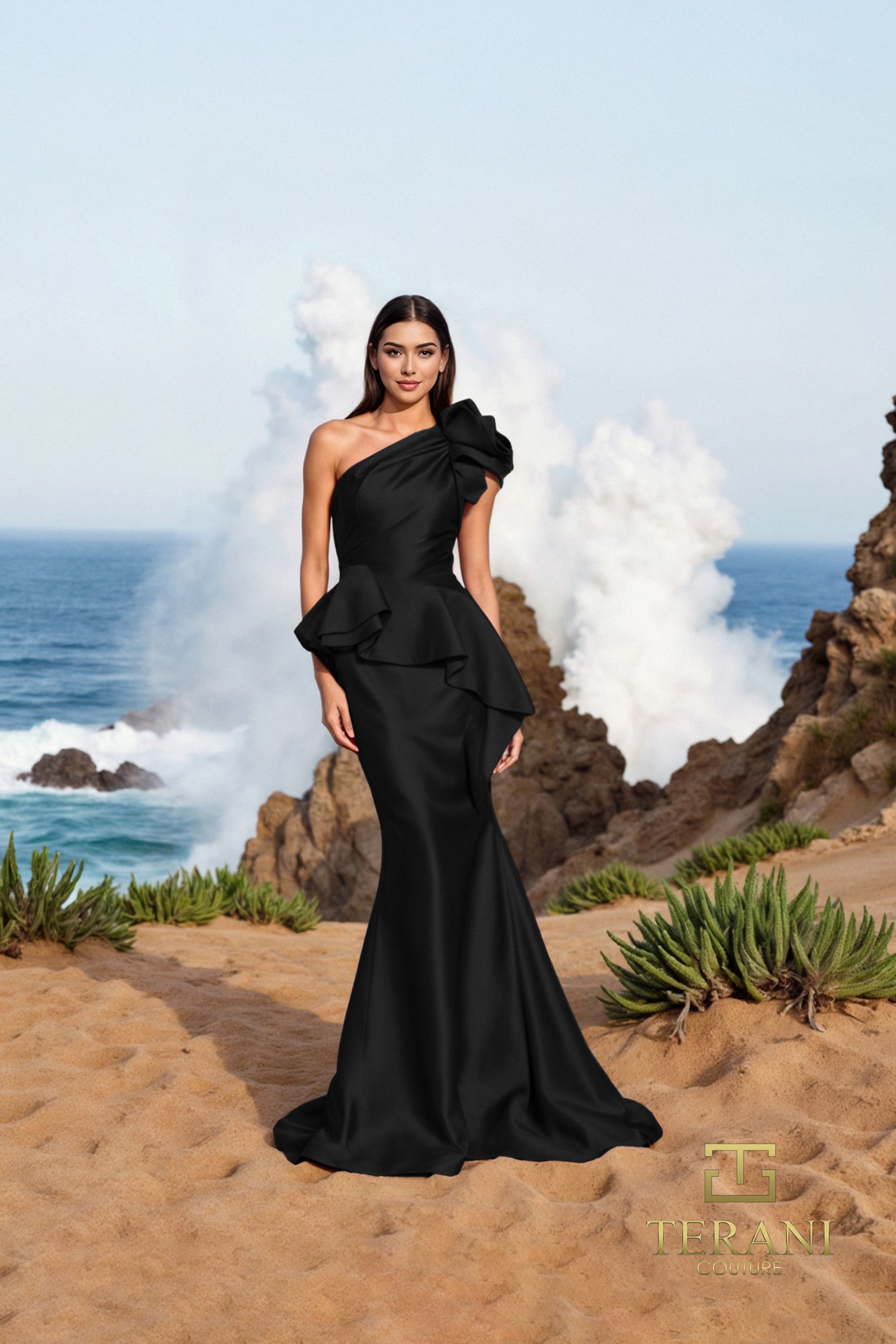 252E5546 - Fit and Flare Long With Peplum Evening Dress