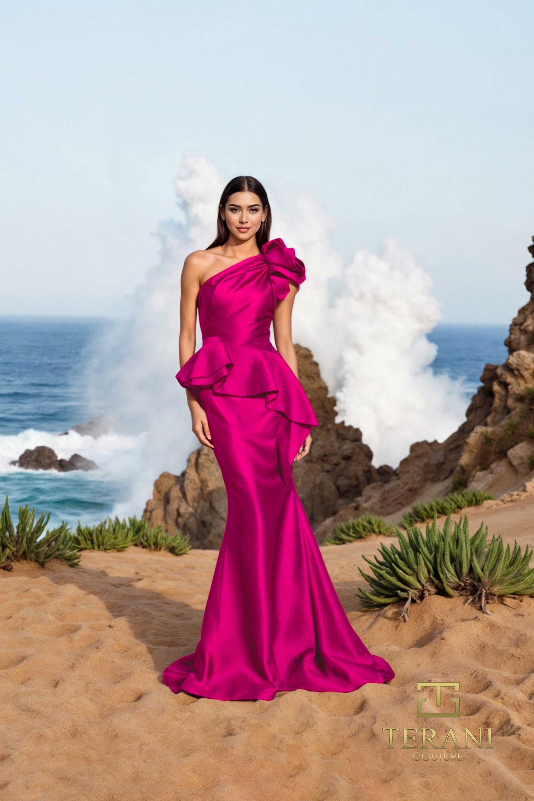 252E5546 - Fit and Flare Long With Peplum Evening Dress
