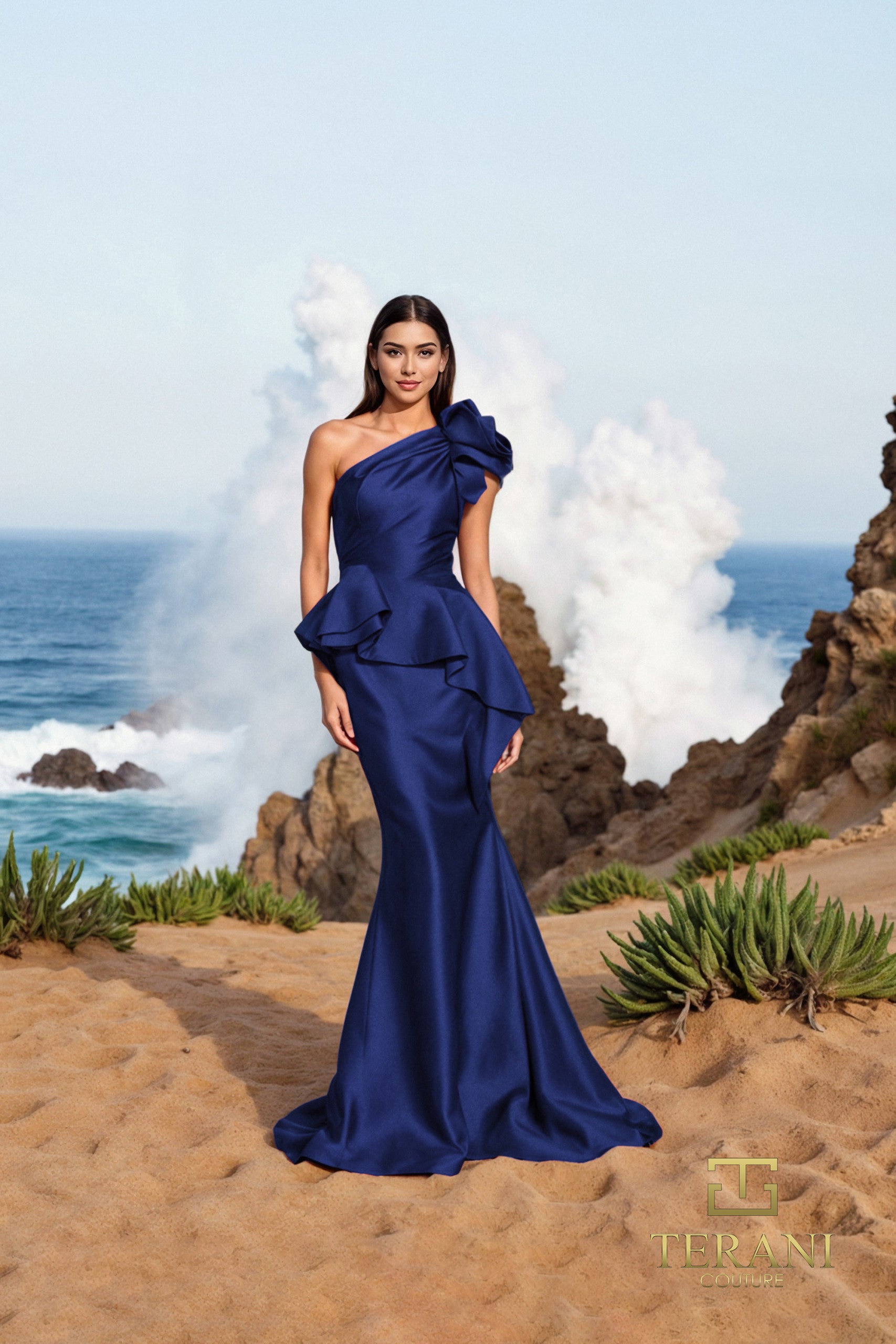 252E5546 - Fit and Flare Long With Peplum Evening Dress