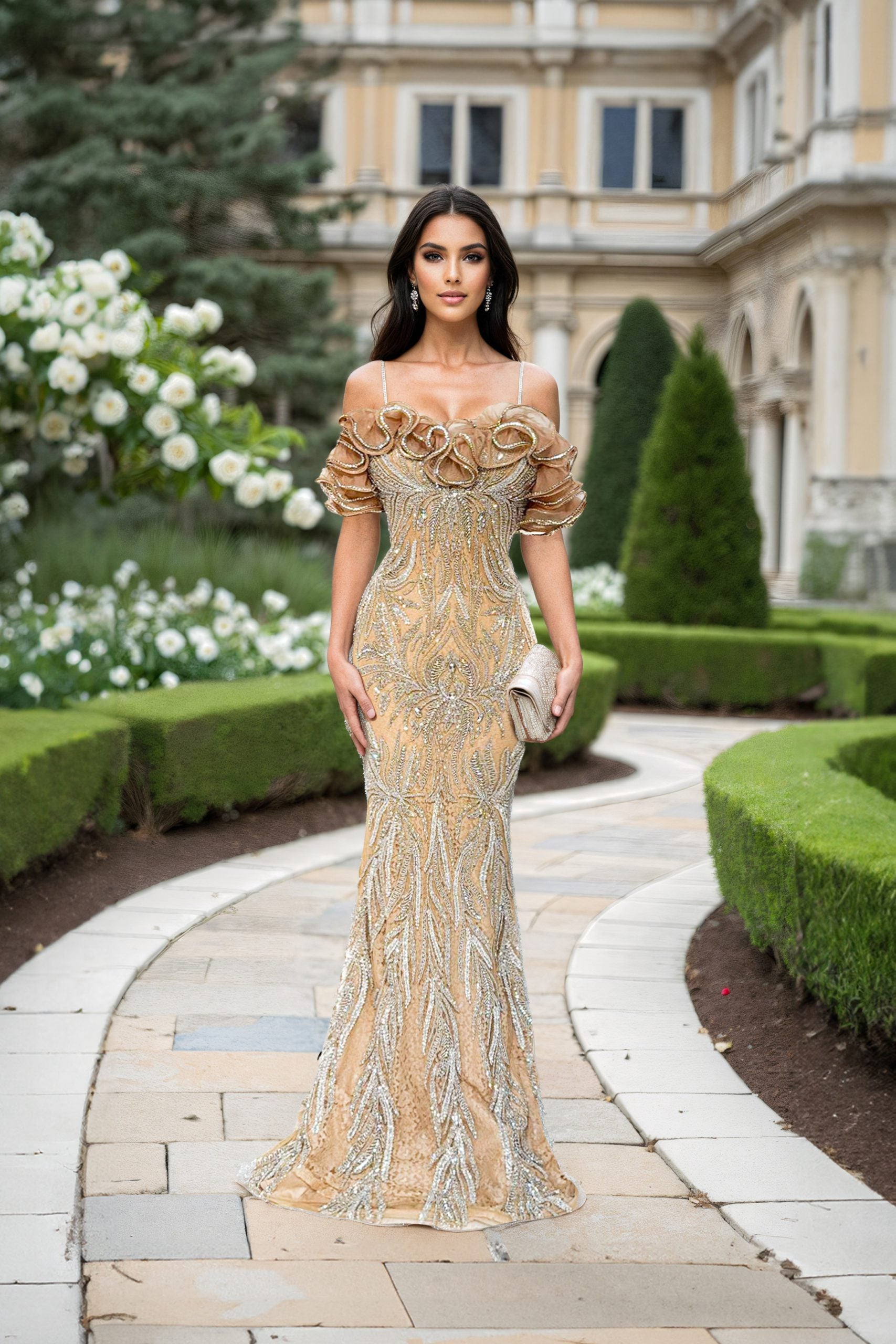 252GL5226 - SPAGHETTI STRAPS OFF SHOULDER RUFFLES