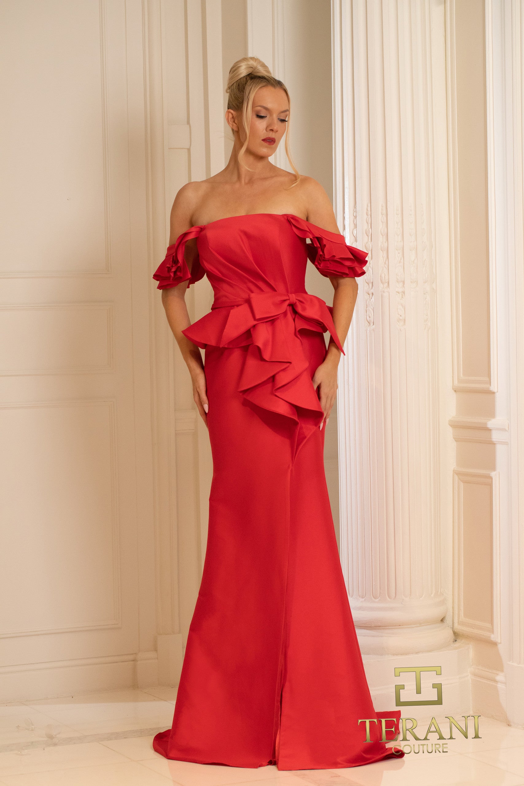 252E5173 - Fit and Flare Long With Peplum Evening Dress