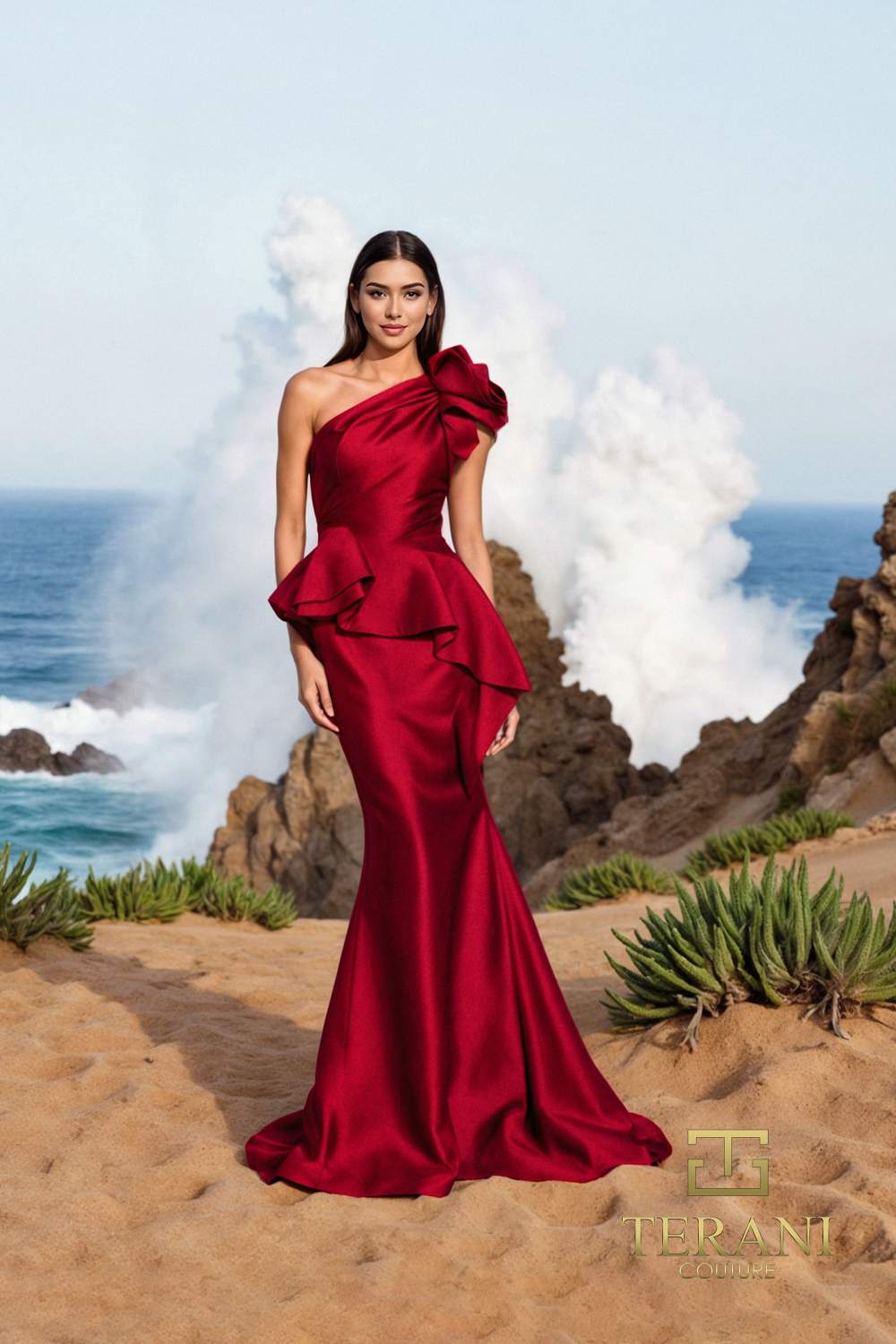 252E5546 - Fit and Flare Long With Peplum Evening Dress