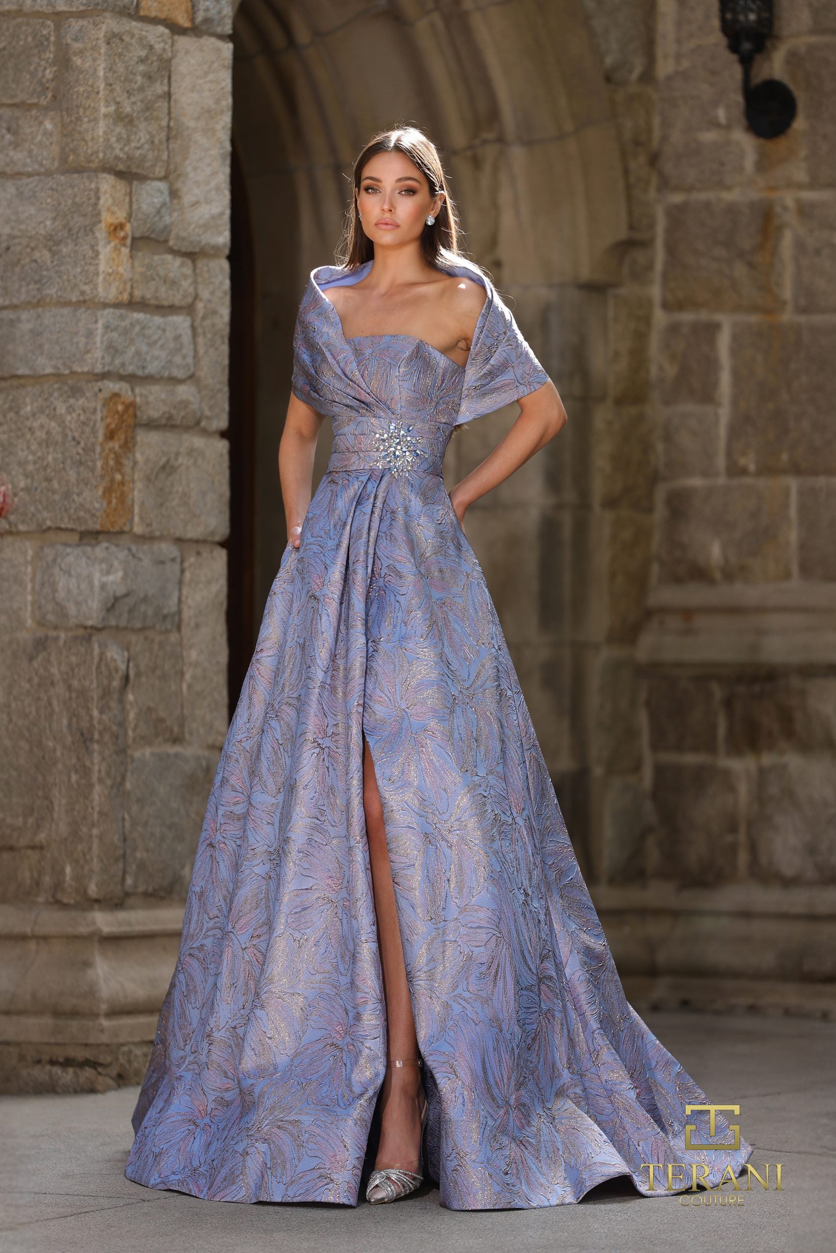 Off-Shoulder Jacquard A-Line Ballgown with Shawl Sleeves - 261M6453 Off-Shoulder Jacquard A-Line Ballgown with Shawl Sleeves - 261M6453