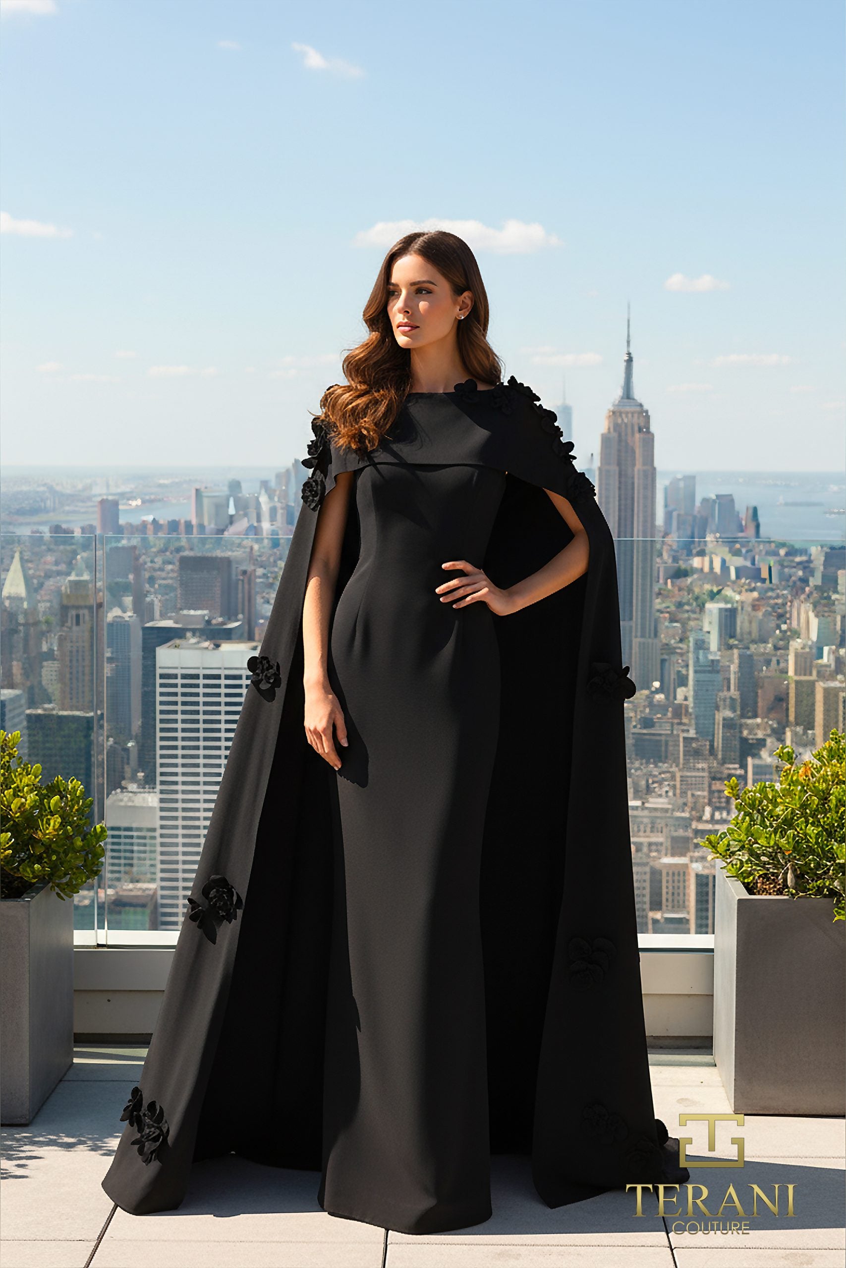 Boat Neck Crepe Gown with Cape Sleeves - 261M6687