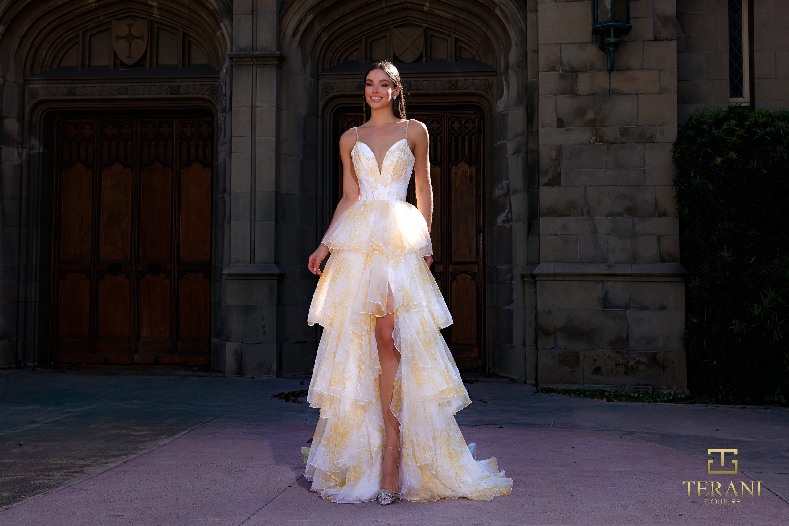 Deep Sweetheart Printed Chiffon Tiered High-Low Ballgown - 261P6673