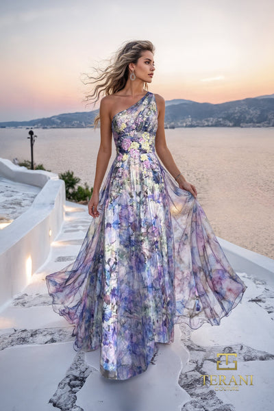 Asymmetric One-Shoulder Printed Chiffon A-Line Gown - 261P6696