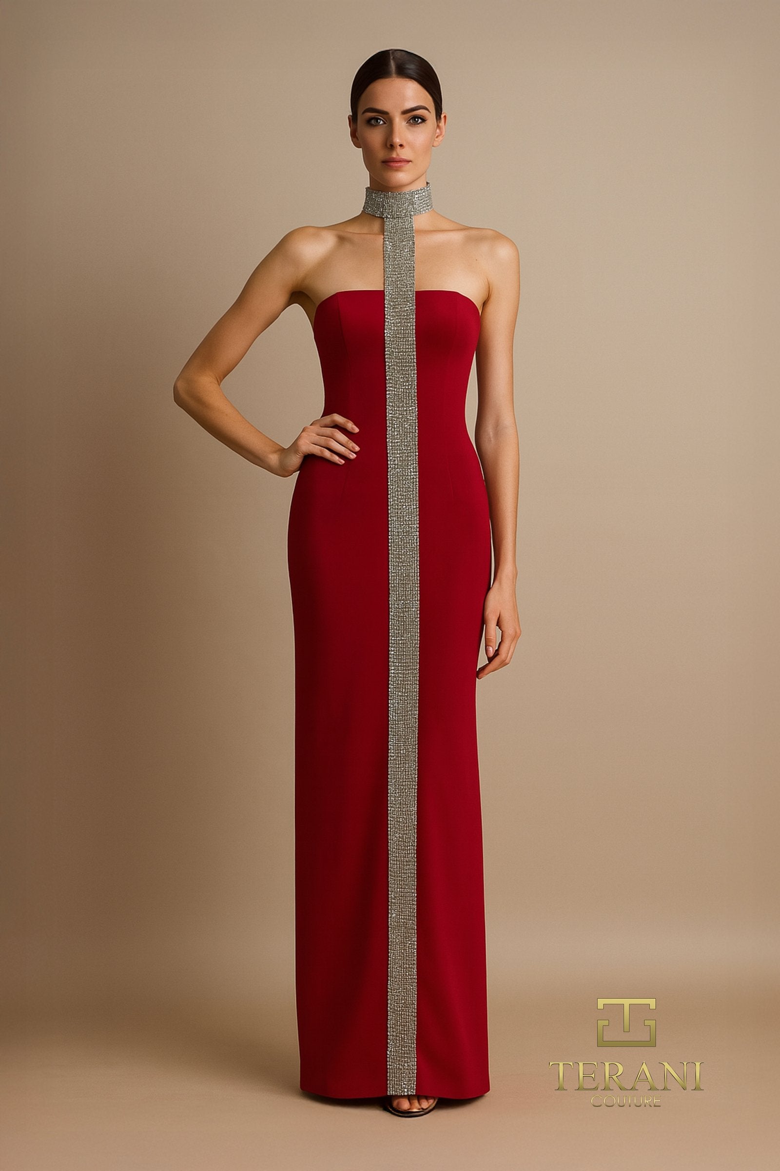Strapless Scuba Sheath Gown with Slit - 261E6119