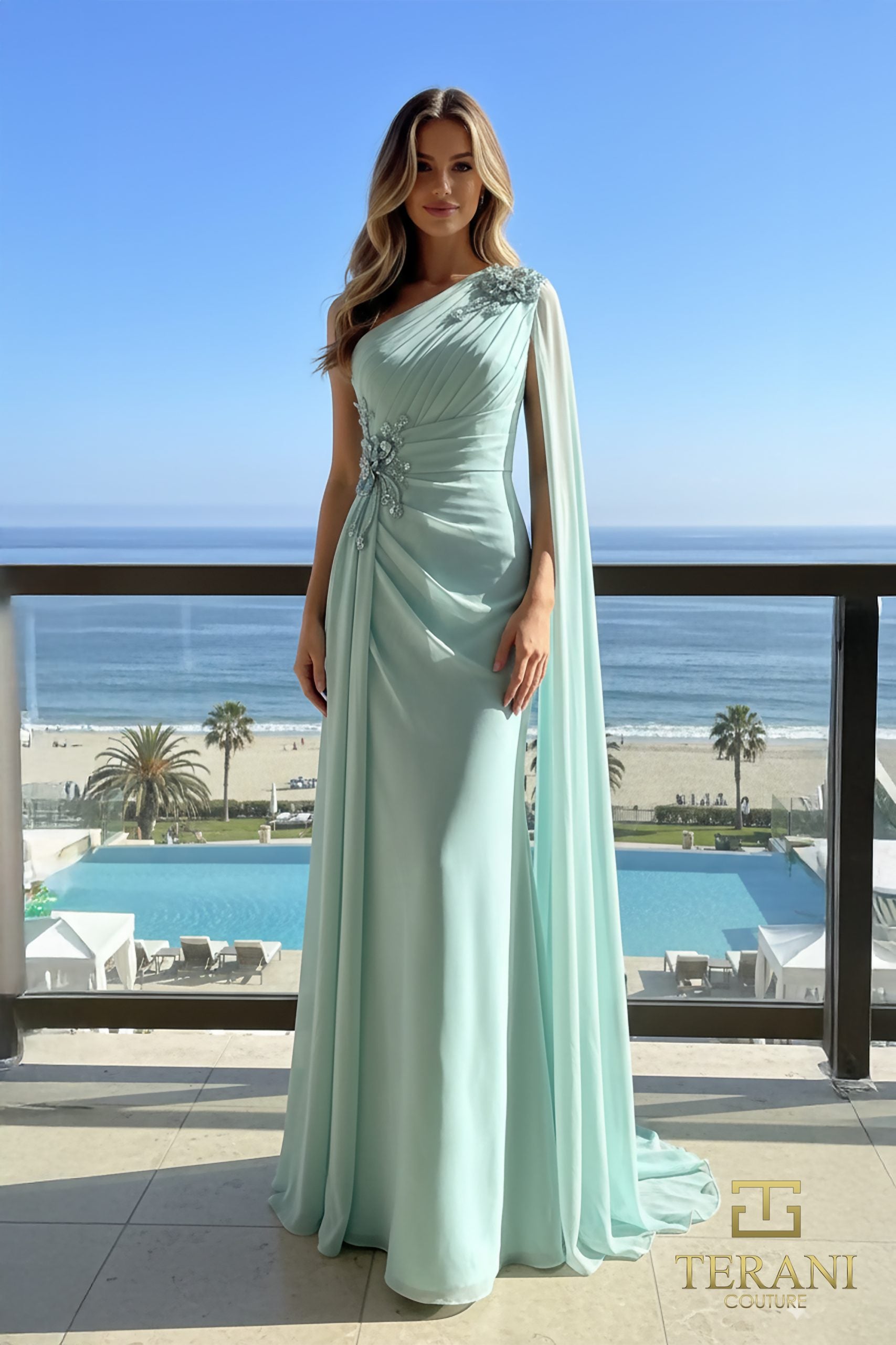 One-Shoulder Chiffon Column Gown with Cape Sleeve and Slit - 261E6205