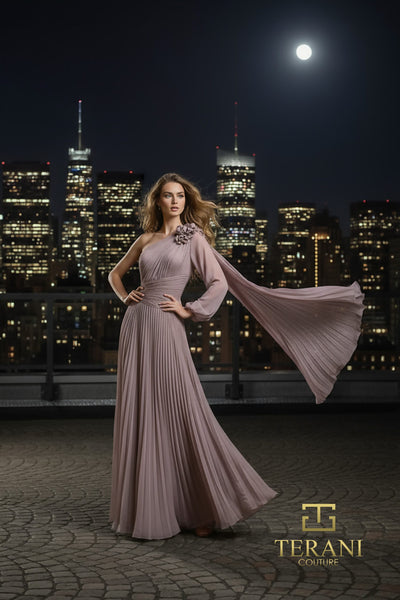 One-Shoulder Chiffon A-Line Gown with Long Sleeve - 261E6206
