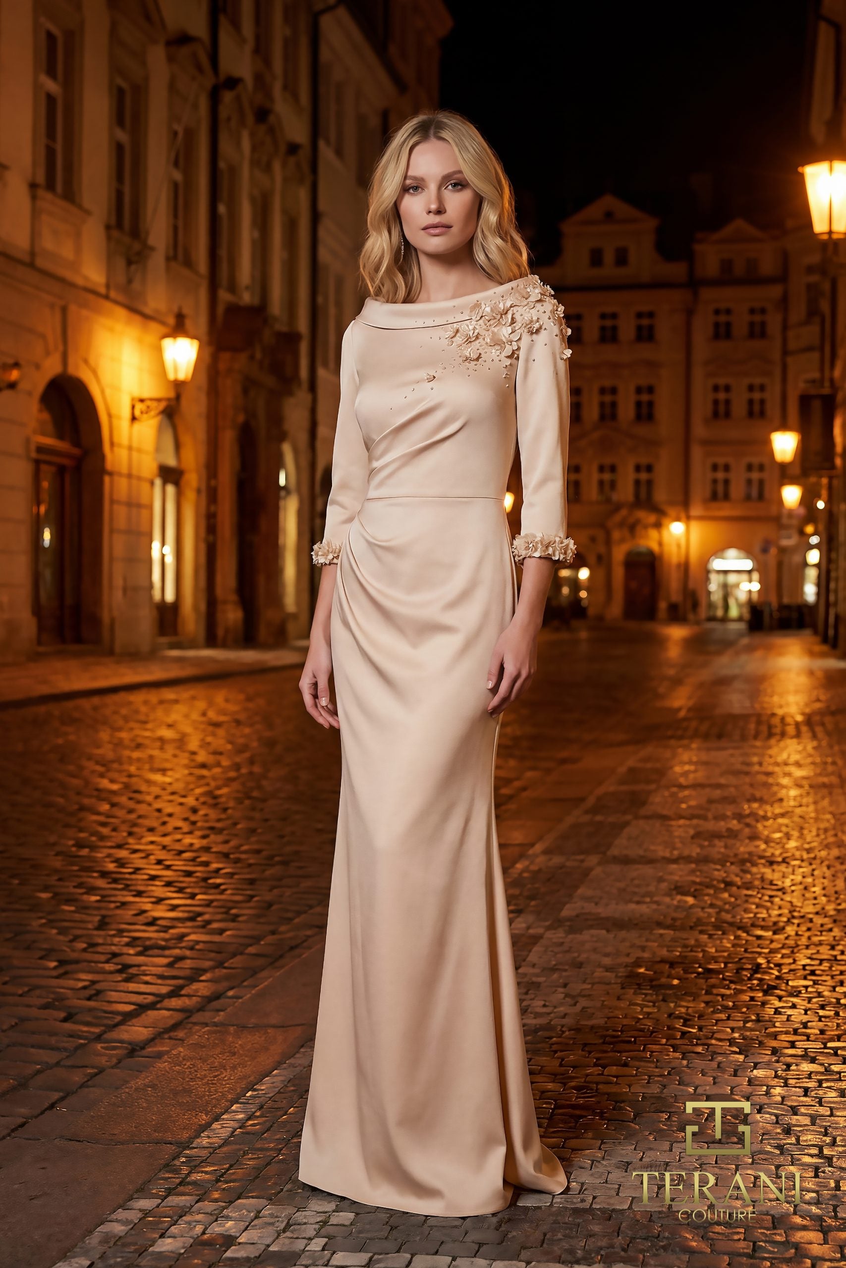 High Boat Neck Crepe Sheath Gown with 3/4 Sleeves - 261E6701