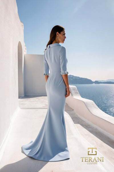 High Boat Neck Crepe Sheath Gown with 3/4 Sleeves - 261E6701