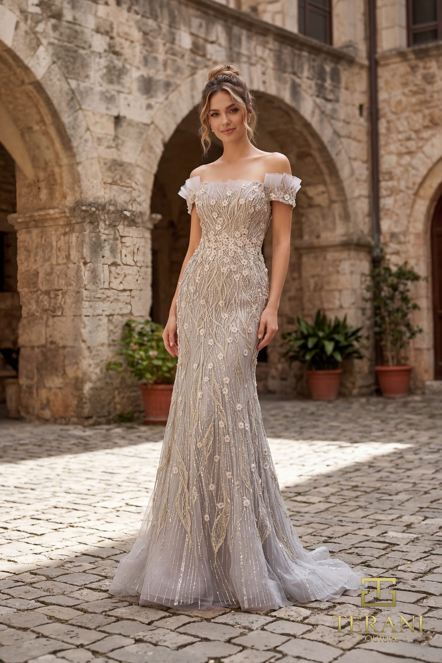 Off-Shoulder Beaded Tulle Mermaid Gown - 261GL6373