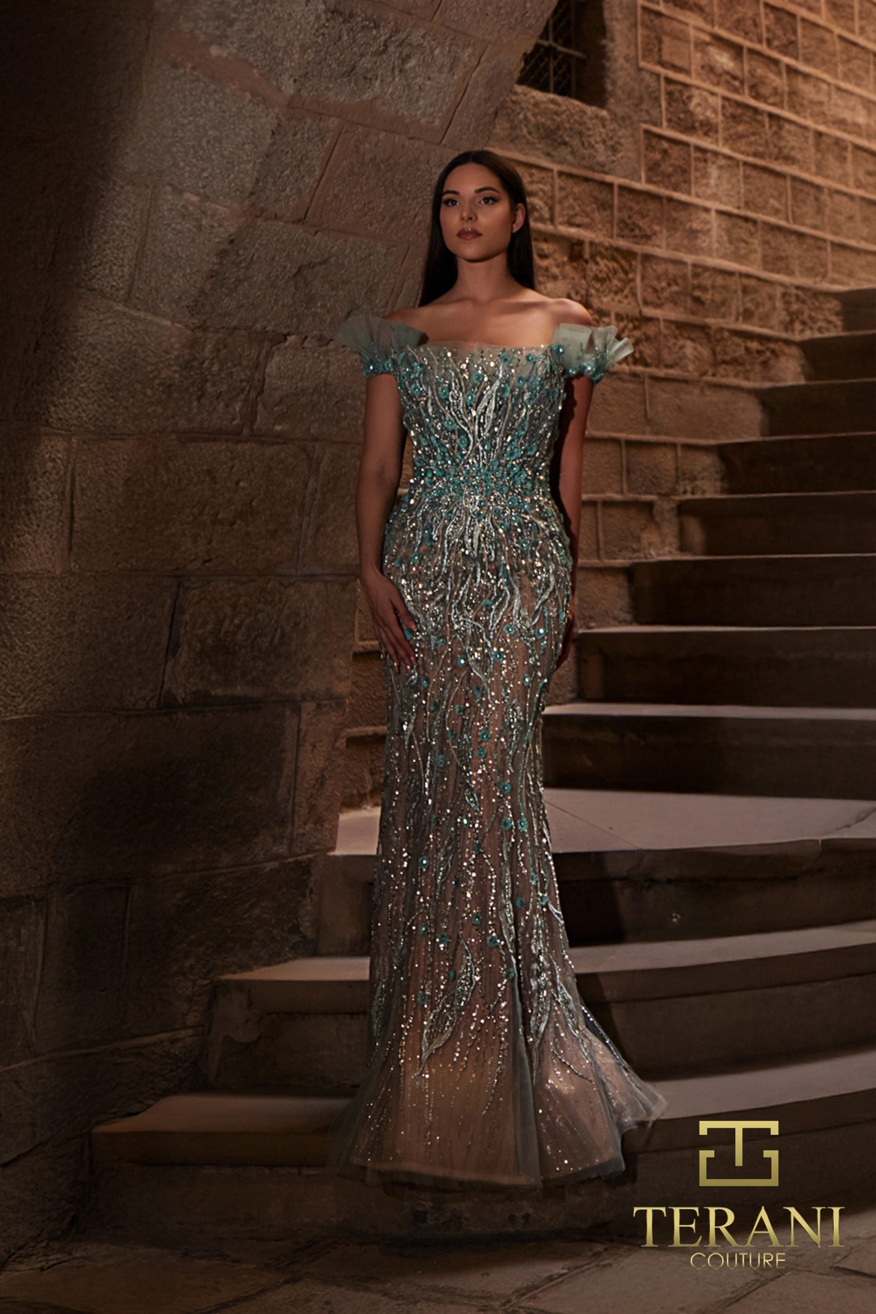 Off-Shoulder Beaded Tulle Mermaid Gown - 261GL6373