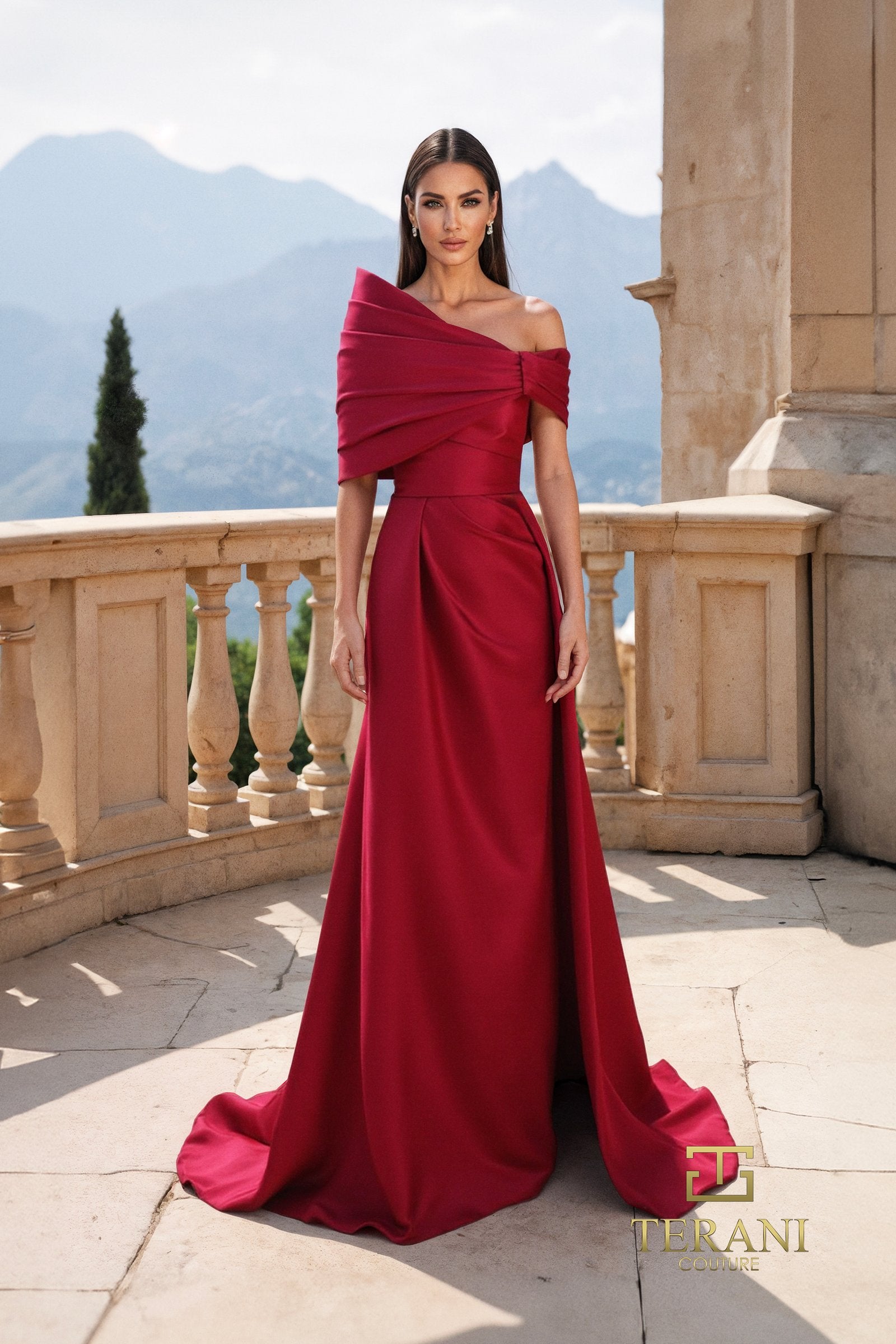 Straight Neck Matte Satin A-Line Gown with Shawl - 261M6415 Straight Neck Matte Satin A-Line Gown with Shawl - 261M6415