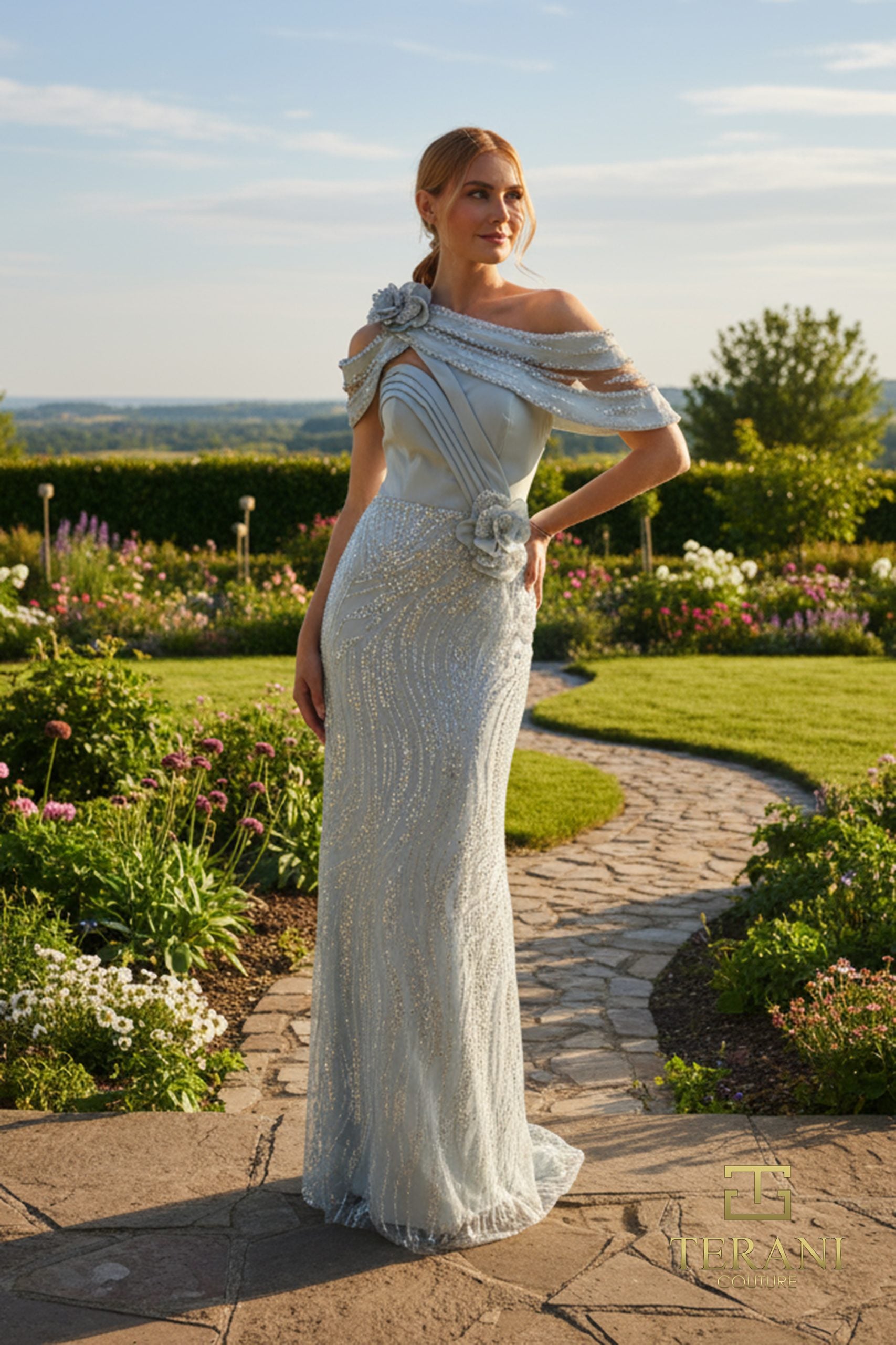 Asymmetric Off-Shoulder Crepe Back Satin & Beaded Tulle Sheath Gown - 261M6427