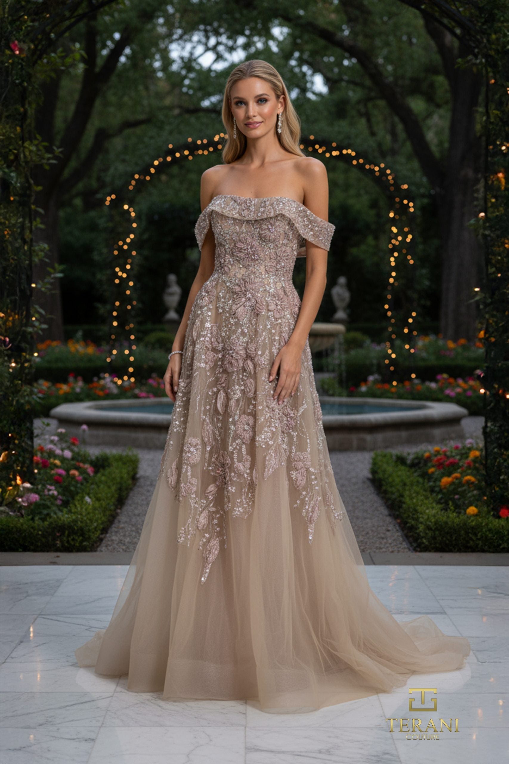 Off-Shoulder Beaded Tulle A-Line Gown - 261M6435