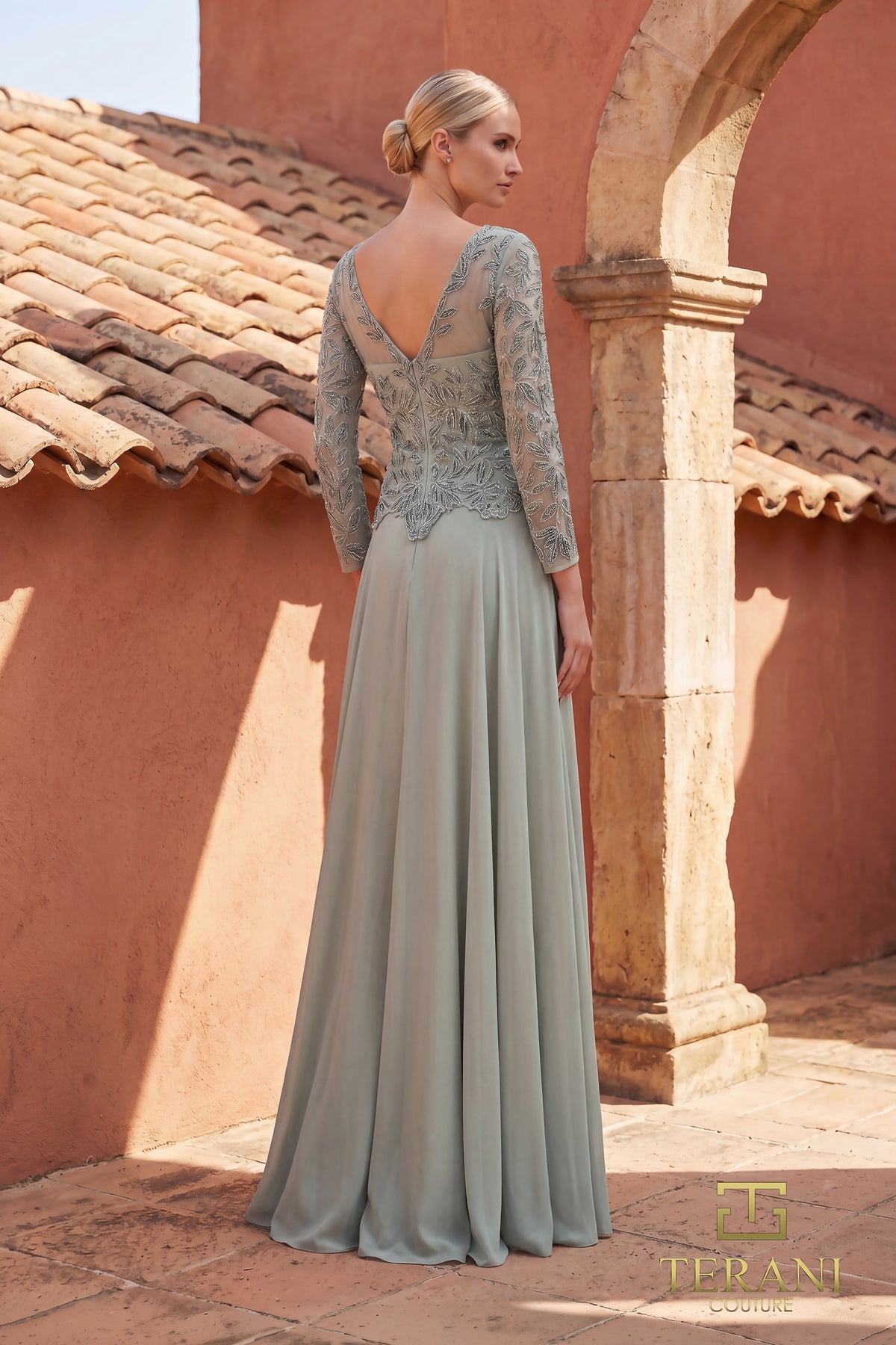 Boat Neck Chiffon & Embroidered A-Line Gown with Long Sleeves - 261M6439