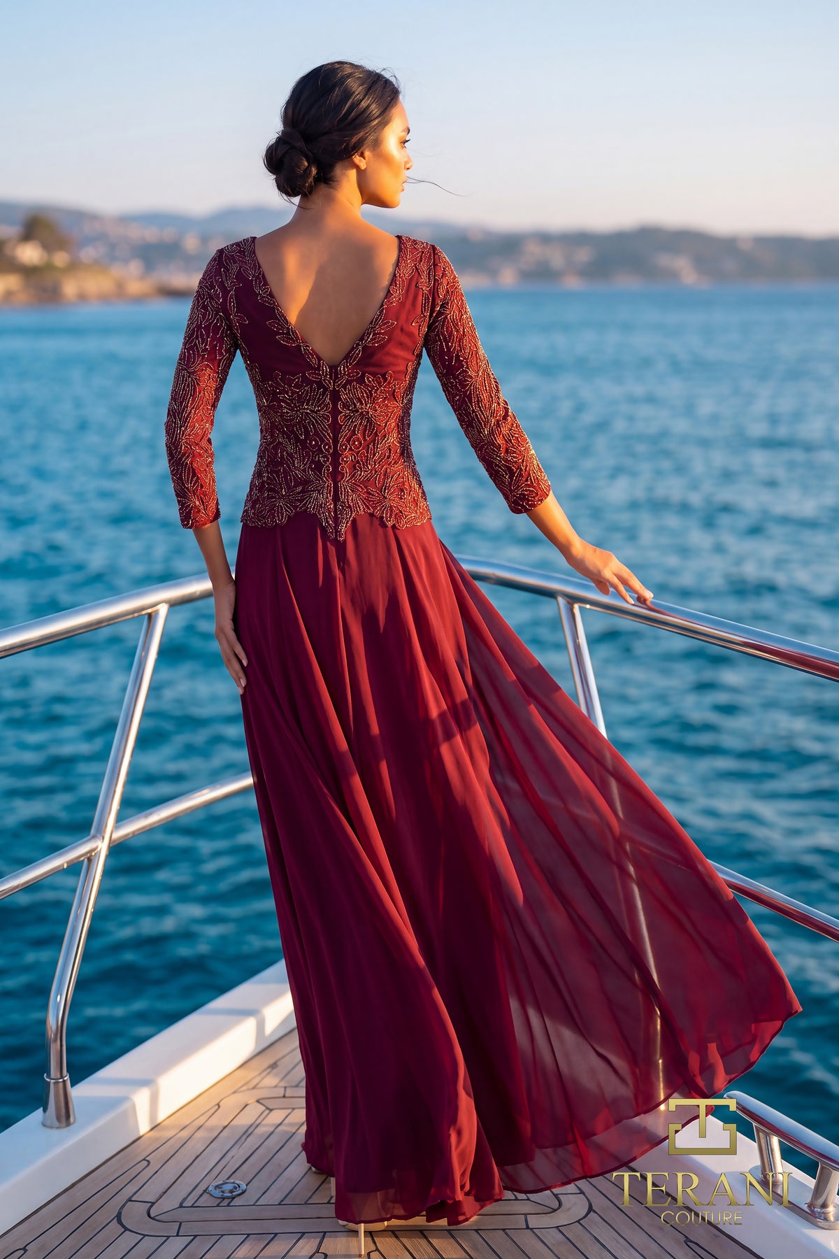 Boat Neck Chiffon & Embroidered A-Line Gown with Long Sleeves - 261M6439