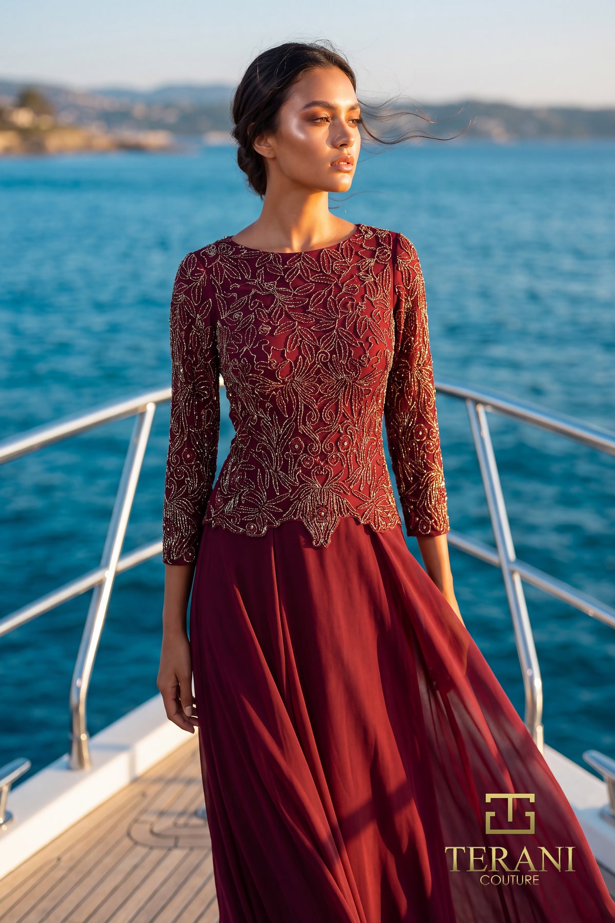 Boat Neck Chiffon & Embroidered A-Line Gown with Long Sleeves - 261M6439