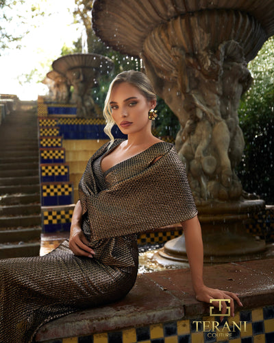V-Neck Metallic Jacquard Column Gown with Shawl Detail - 261M6450