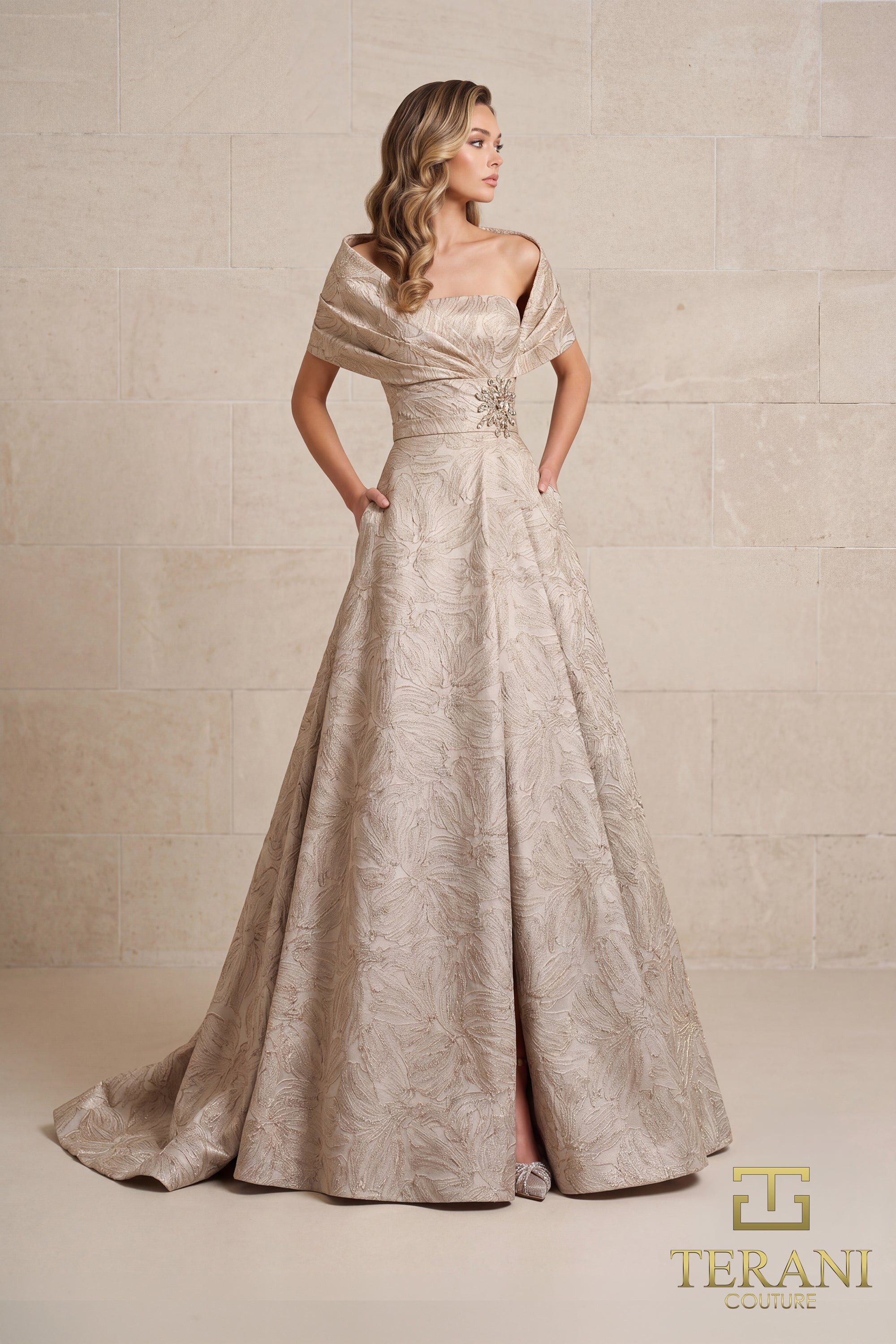 Off-Shoulder Jacquard A-Line Ballgown with Shawl Sleeves - 261M6453