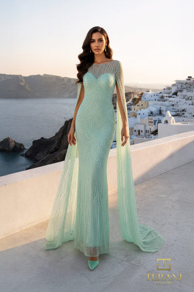 Illusion Neck Beaded Tulle Column Gown with Sheer Cape Sleeves - 261M6471