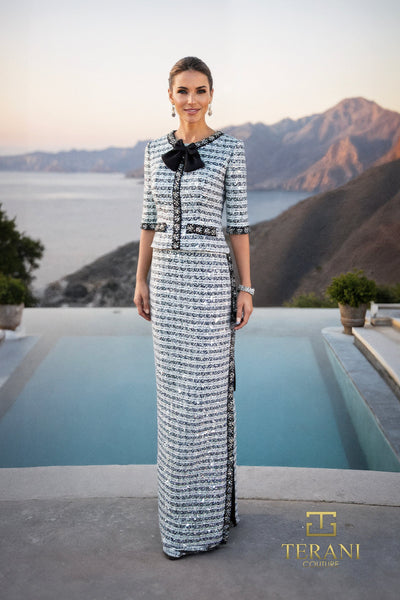 Round Neck Tweed Mock 2-Piece Gown with 3/4 Sleeves and Slit - 261M6477