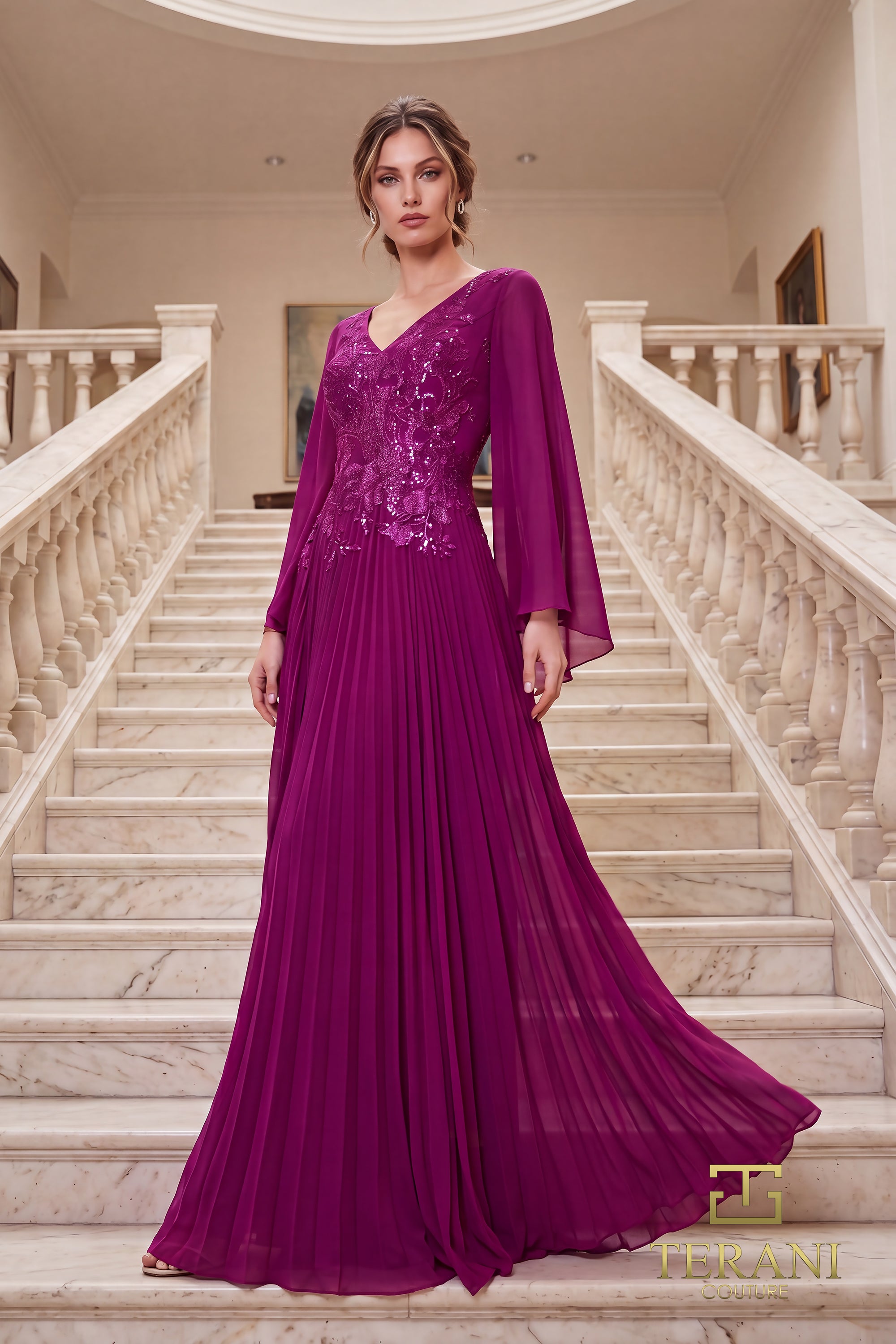 V-Neck Chiffon A-Line Gown with Flowing Cape Sleeves - 261M6681