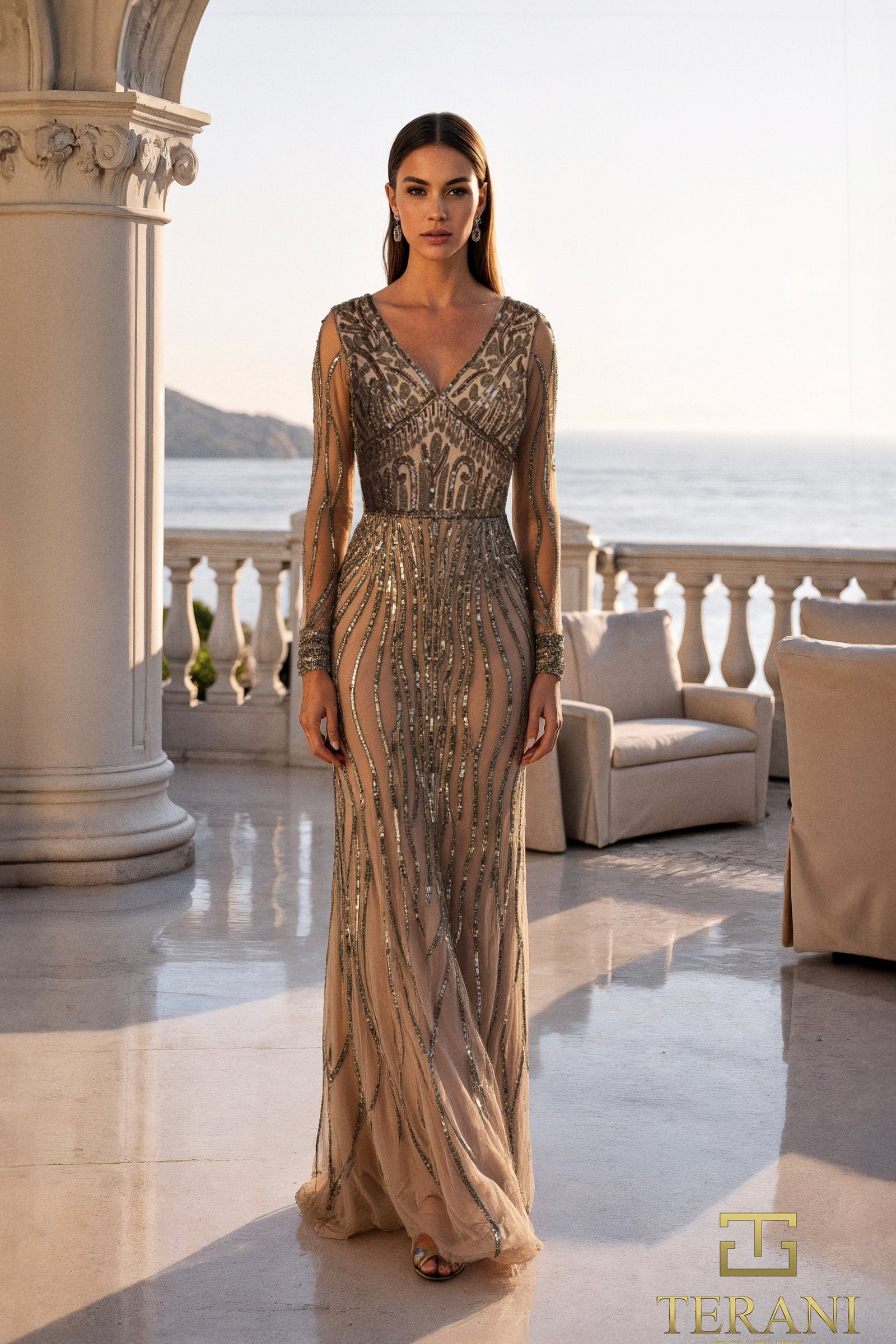 gold beaded dress with sleeves Champagne Beaded Prom Dresses Long Sleeve Mother of the Bride Dresses 22103 Champagne / US2 main image 0