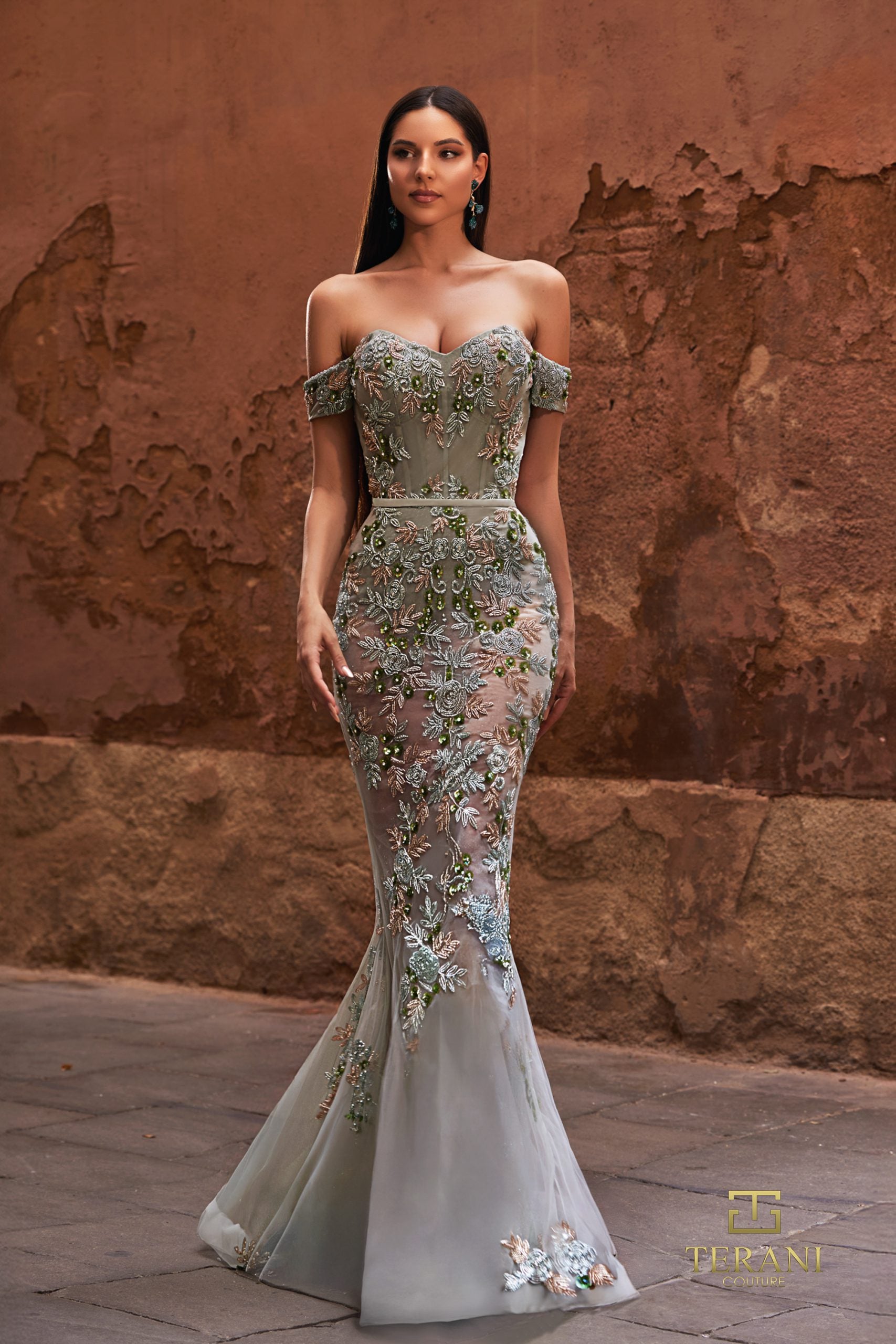 Off-Shoulder Sweetheart Embroidered Tulle Mermaid Gown