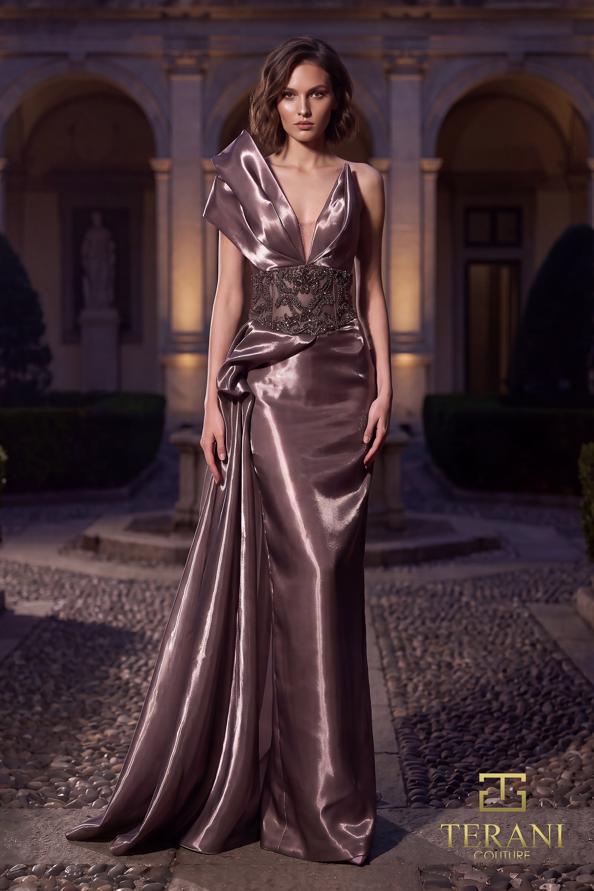 V-Neck Long Evening Sheath Gown - 262E7130