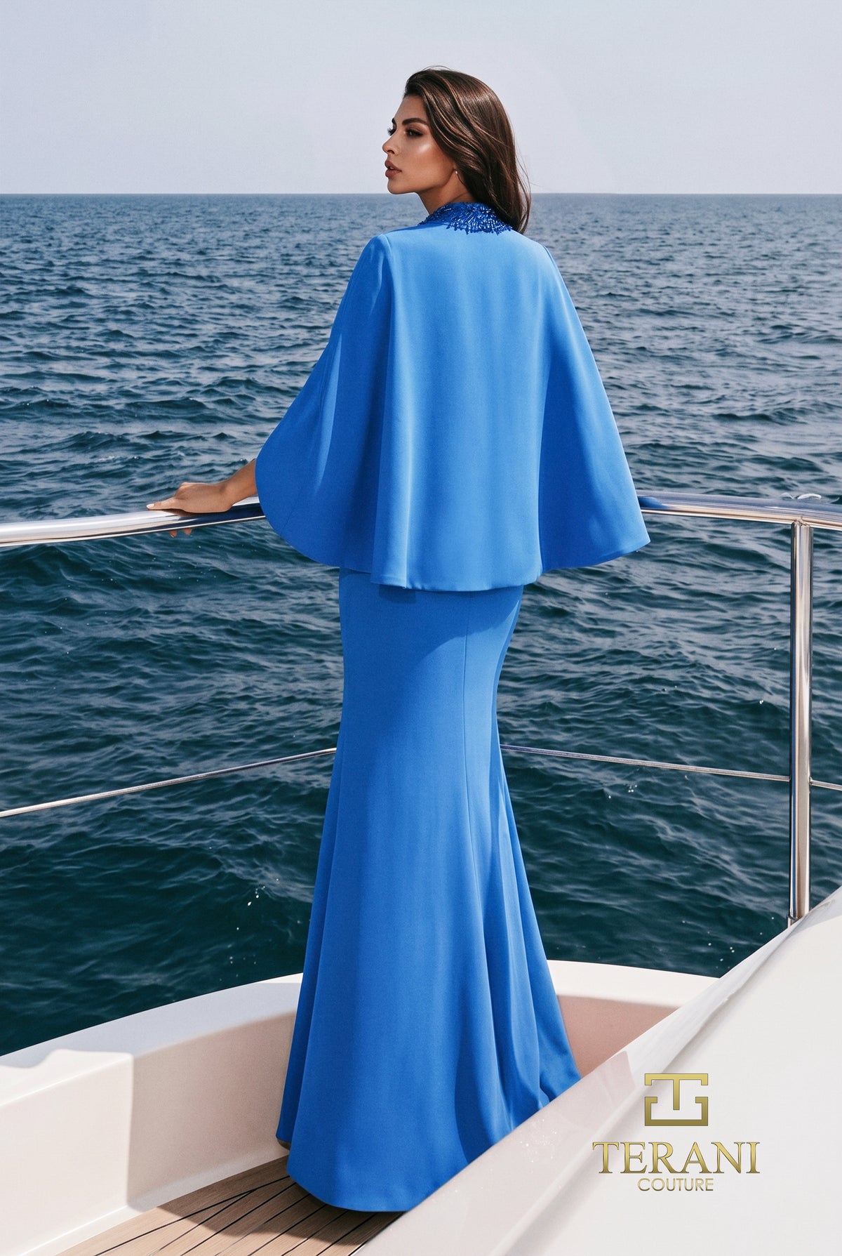 Crepe Peplum Gown with Plunging V-Neck & Capelet - 271M8422