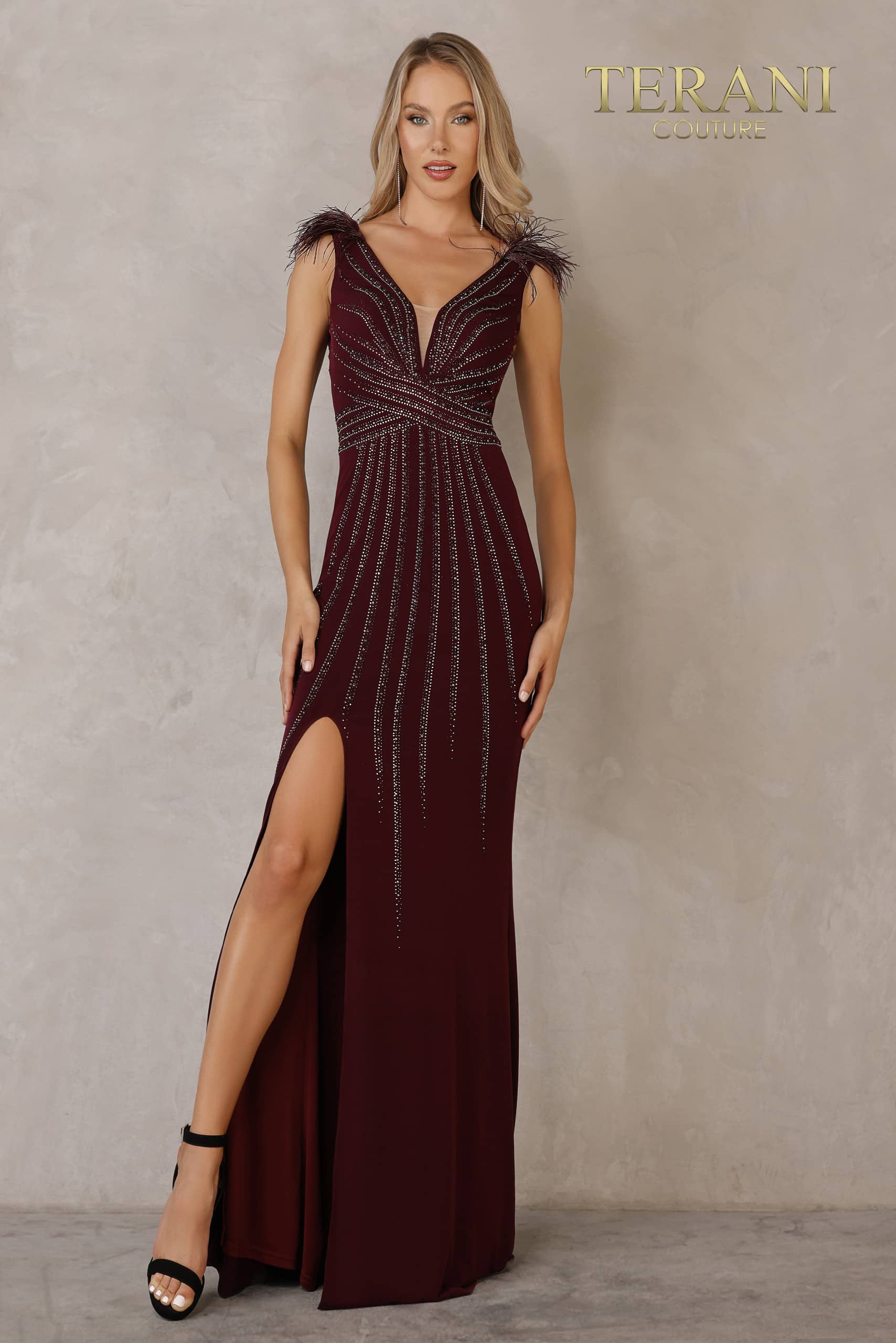 V Neck Beaded Sheath Gown Beaded Sheath V Neck Dress - 2215P0036