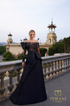 Illusion Neck Mikado & Beaded Tulle A-Line Gown with Long Off-Shoulder Sleeves - 261M6410