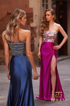 Curved Neck Satin Sheath Gown with Slit - 261P6014