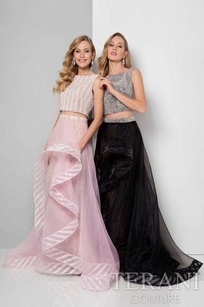 Two Piece Beaded Boat Neck Top High Low Ball Gown - 1711P2697