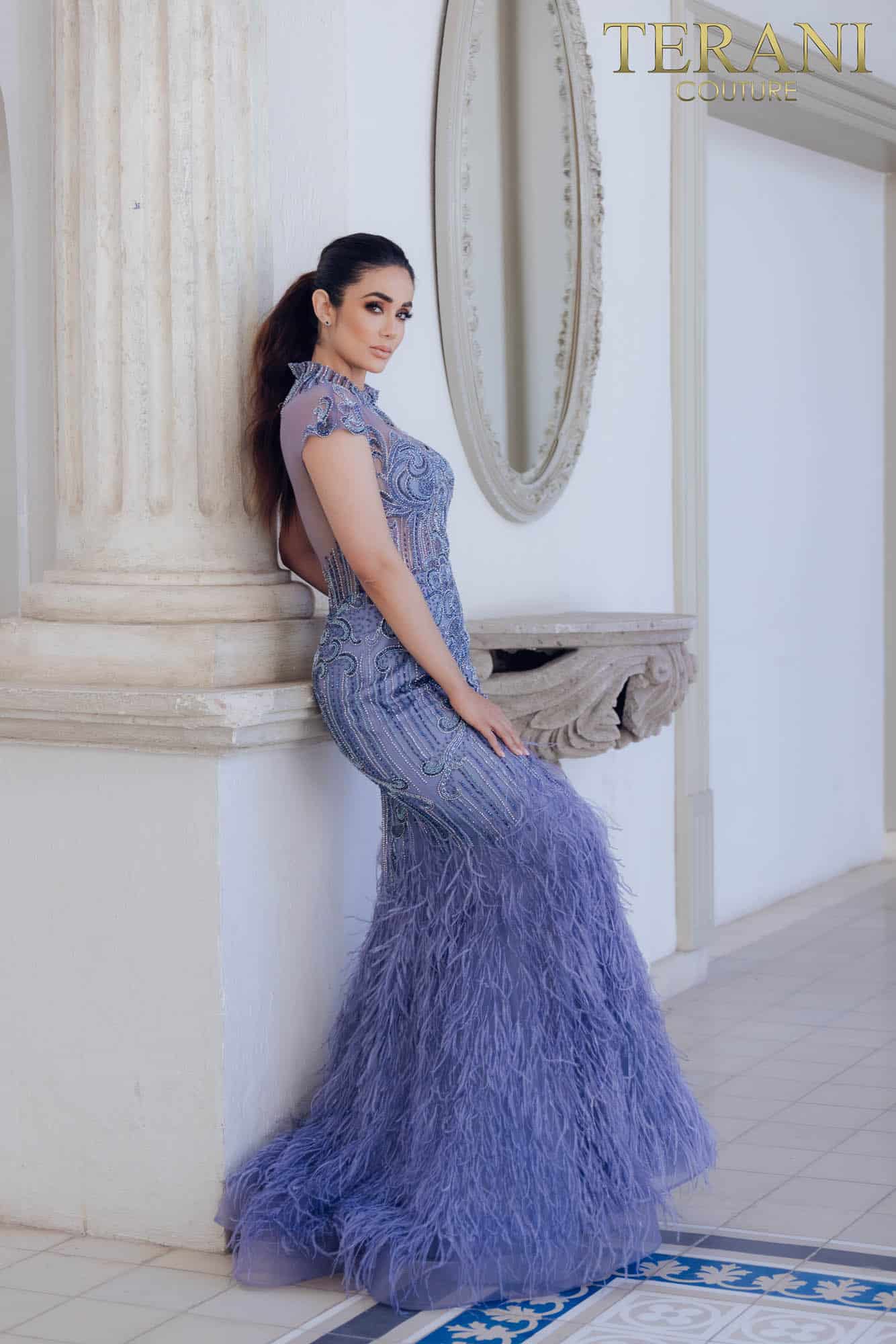 Feathered High Neck Mermaid Dress  - 1721GL4446