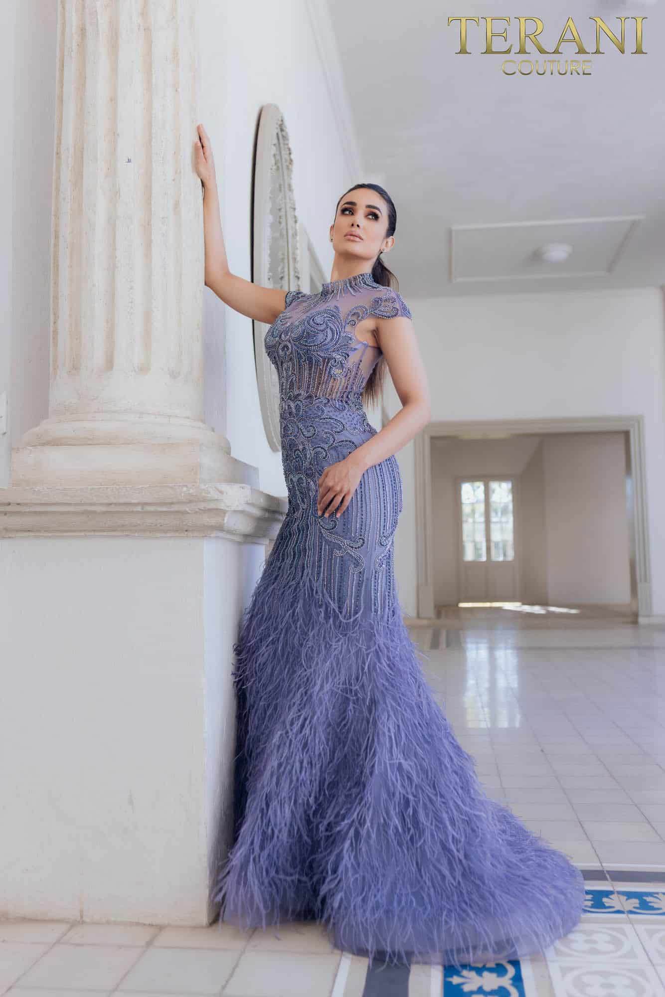 Feathered High Neck Mermaid Dress  - 1721GL4446