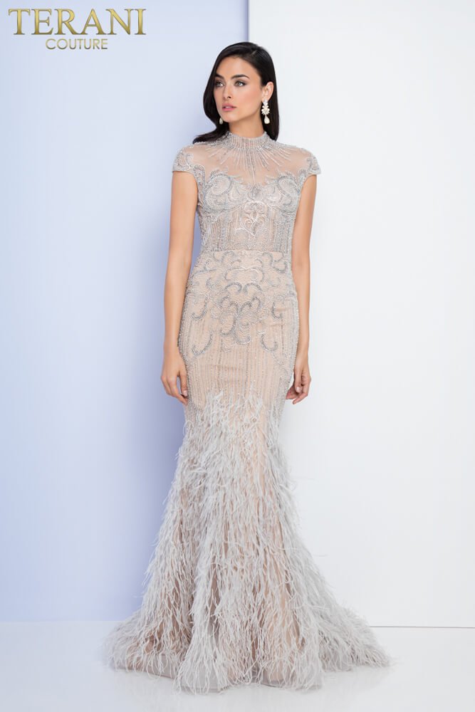 Feathered High Neck Mermaid Dress  - 1721GL4446