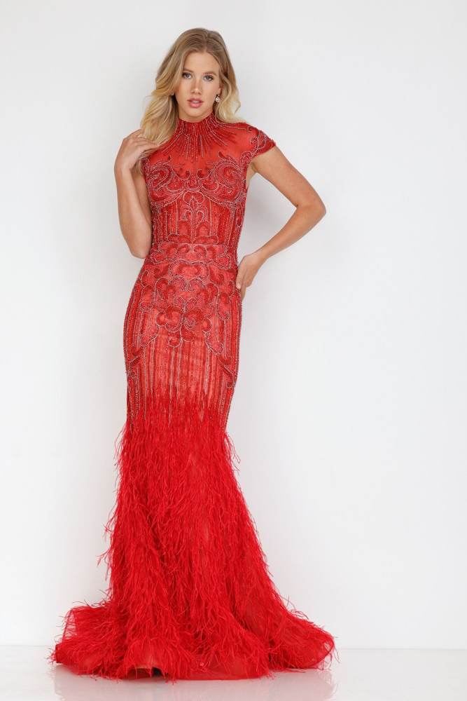 Feathered High Neck Mermaid Dress  - 1721GL4446