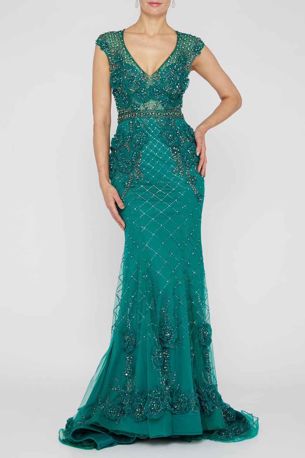 3D Floral Applique Beaded Evening Dress