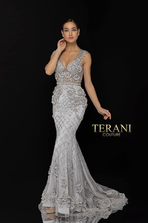 3D Floral Applique Beaded Evening Dress