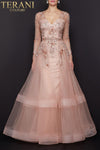 Long Sleeve V Neck Sheer Beaded Ball Gown - 1722M4354